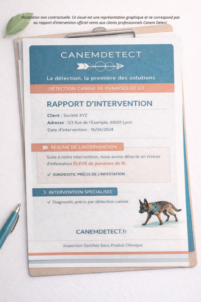 Rapport d'intervention de punaises de lit Canem Detect remis aux professionnels en Auvergne Rhône-Alpes